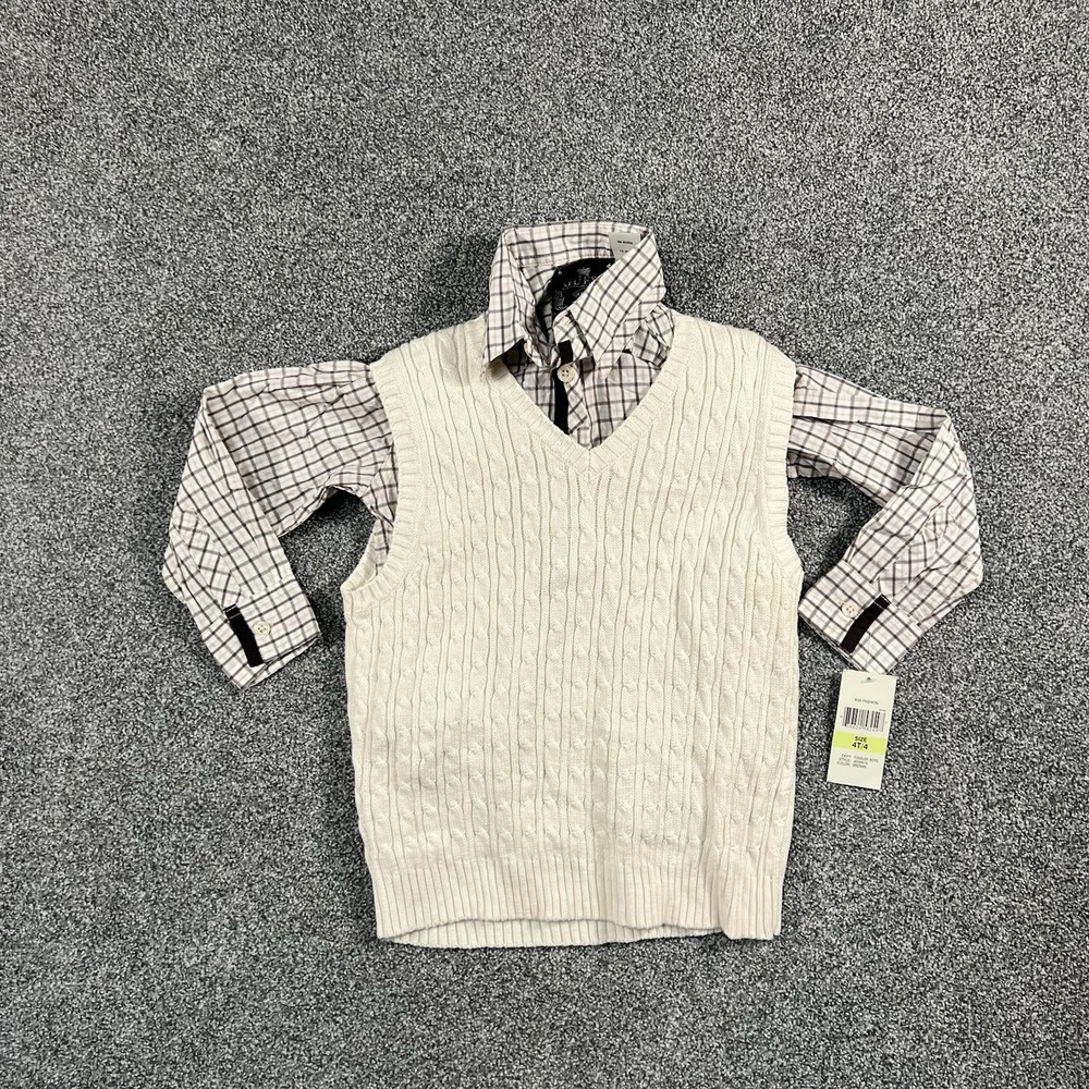Guess Boys 4T Plaid Button Up Shirt Cable Knit Sweater Vest 2 Piece Outfit
